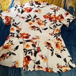 SHEIN White and Red Peplum Blouse with Mandarin Collar